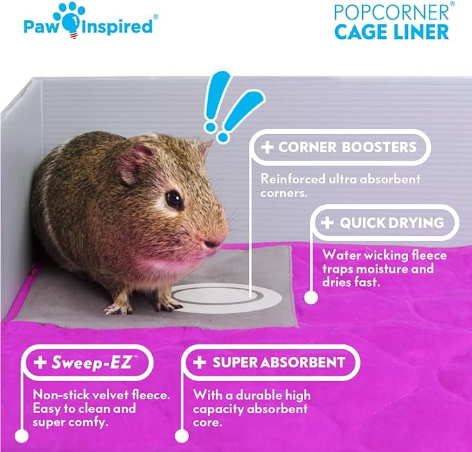 Paw Inspired PopCorner Guinea Pig Cage Liners | Washable Fleece Bedding or Pet Bed Mat for Small Animals | Super Absorbent Pee Pad with Reinforced Corners and Waterproof Bottom (C&C 2x5, Pink)