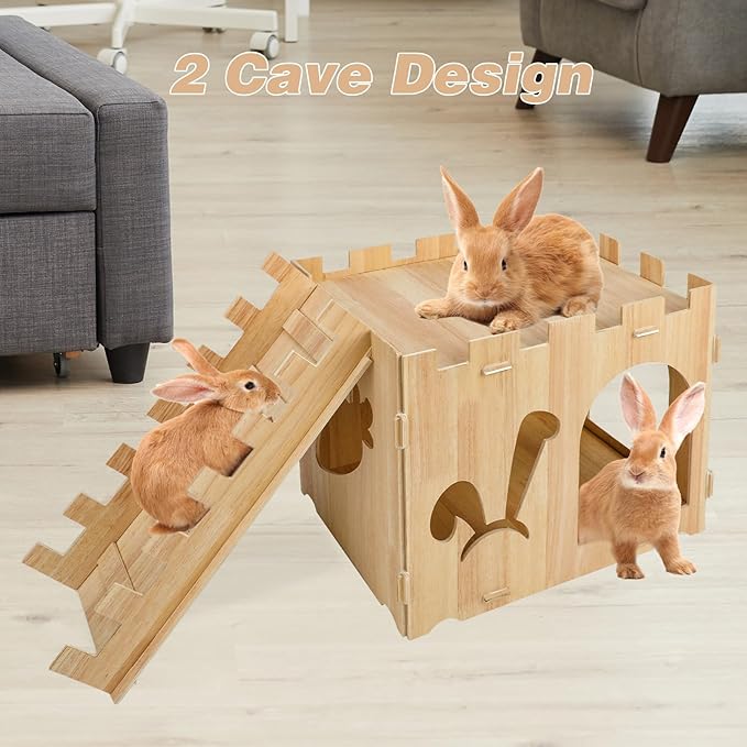 YUEPET Large Wooden Rabbit Castle with Ramp, Rabbit Pig Hideout Detachable Bunny House Indoor Small Animal Houses & Habitats for Adult Bunny Guinea Pig Chinchilla Hide Rest Play