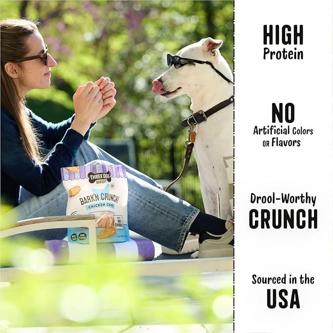 Three Dog Bakery Bark'N Crunch! Chicken & Cheese Chips with 100% Real Chicken - 3.8 oz - Crunchy Treats for Dogs - High Protein Dog Snacks - Grain Free, No Corn or Soy, Limited Ingredient Treats