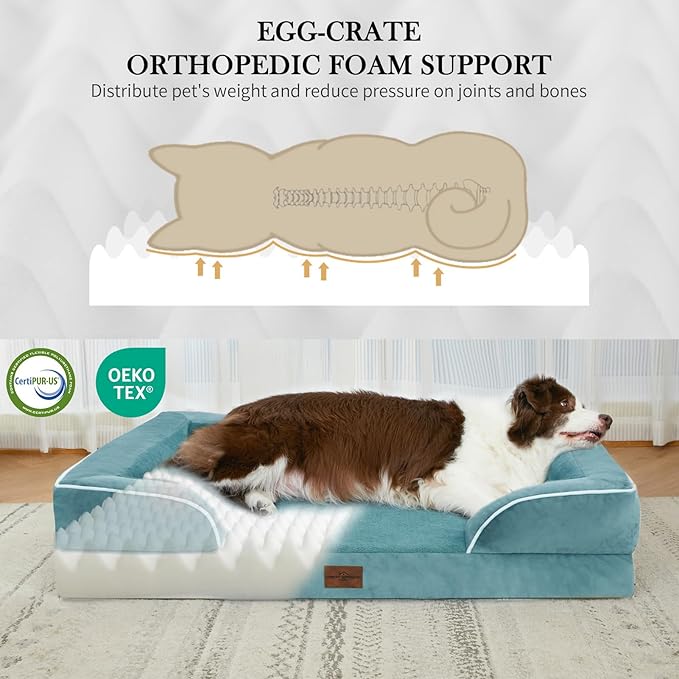 Comfort Expression Orthopedic Dog Bed for Large Dogs 38x25 Inch, Waterproof Supportive Egg Crate Foam Large Pet Bed with Removable Bolster, Dog Couch with Washable Cover & Non-Slip Bottom, Washed Blue