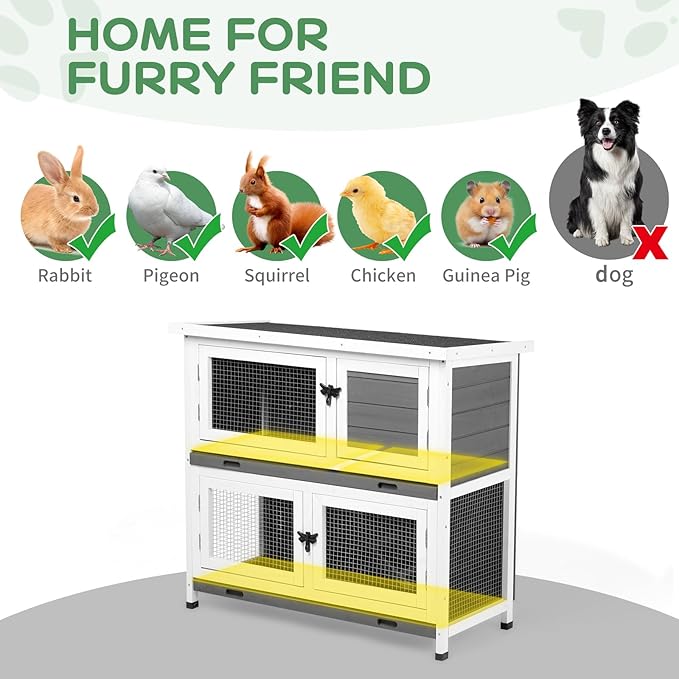 2 Story Solid Wood Rabbit/Bunny Hutch with 2 Large Main Rooms, Indoor Outdoor Rabbit House Guinea Pig Cage Pet House for Small Animals with Ventilation Door Removable Tray Waterproof Roof (Grey)
