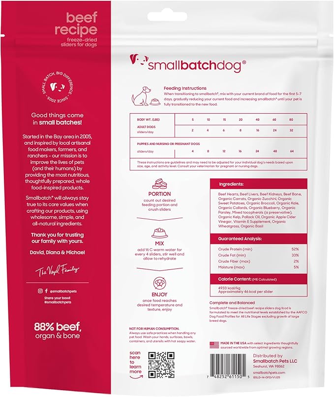 smallbatch Pets Freeze Dried Raw Dog Food, Beef Recipe, 14 oz, Organic High Protein Dog Food, Grain Free, Made in The USA, Humanely Raised Meat, Single Protein, for Picky Eaters, Hydrate & Serve