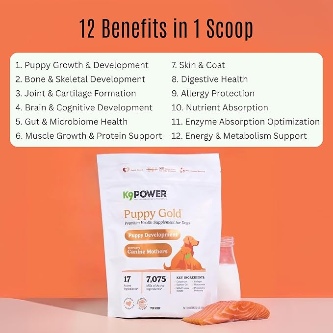K9 Power Puppy Gold – Puppy Supplement for Growth & Development – Also Supports Pregnant & Nursing Mothers – Colostrum, DHA, Glucosamine, Collagen, Probiotics, Creatine, Milk Protein, Salmon Oil