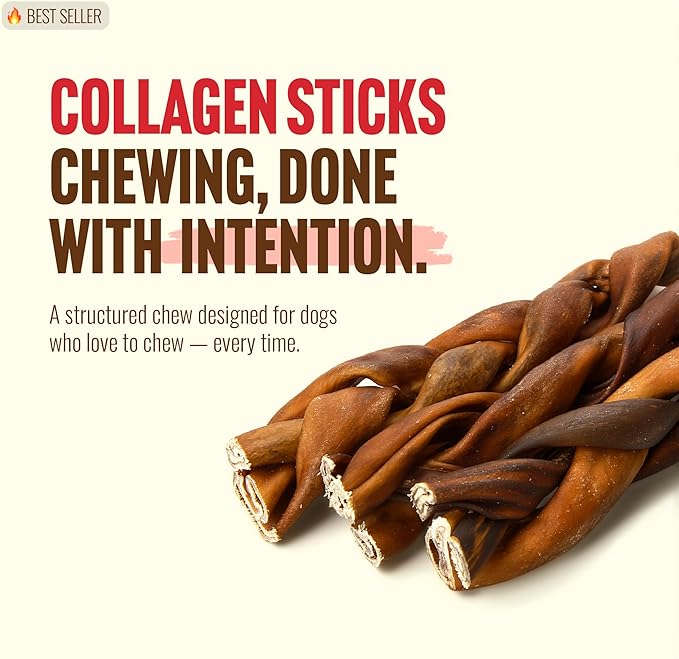 Natural Farm Odor-Free Super Braided Collagen Dog Chews (6-Inch, 10-Pack) First Ever Real Bull Sticks Alternative: 100% Natural Angus Hide Collagen Treats- More Protein More Chew Time for All Dogs