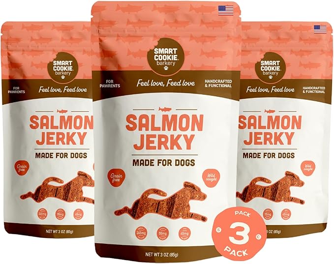 Smart Cookie Salmon Jerky Dog Treats - DHA, Omega Strips for Dogs & Puppies with Allergies, Sensitive Stomachs with Wild Caught Alaskan Salmon- Dehydrated, Grain Free, Made in USA - 3oz Bag, Pack of 3