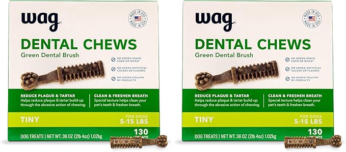 Amazon Basics Dental Dog Treats to Help Clean Teeth & Freshen Breath for Tiny Dogs, Unflavored, Per Pack: 130 Count, 2.25 pounds (Previously Wag)