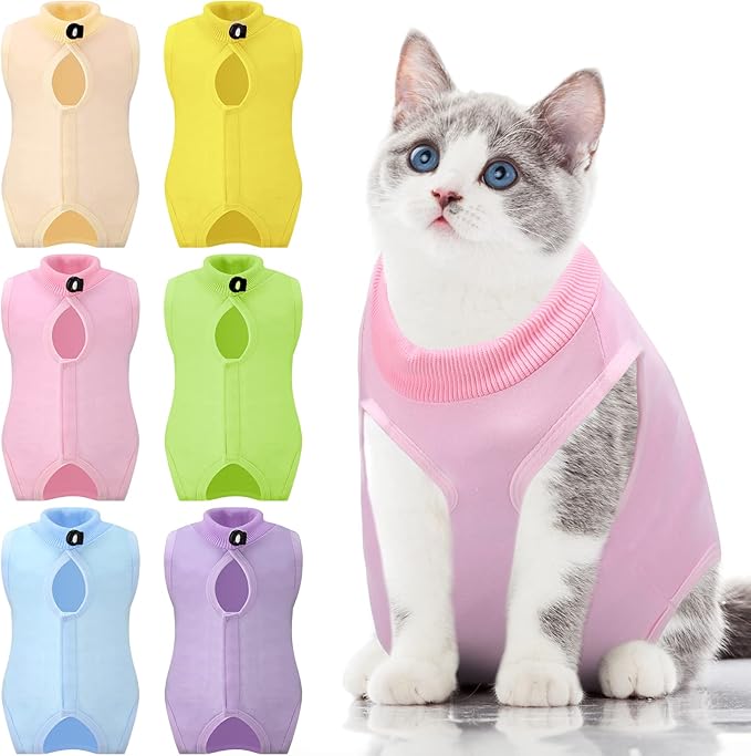 6 Pcs Cat Recovery Suit Kitten Recovery Suit Surgical Abdominal Skin Anti Licking Pajamas for Cats E Collar Alternative for Cats and Dogs After Surgery Wear, 6 Colors (Medium)