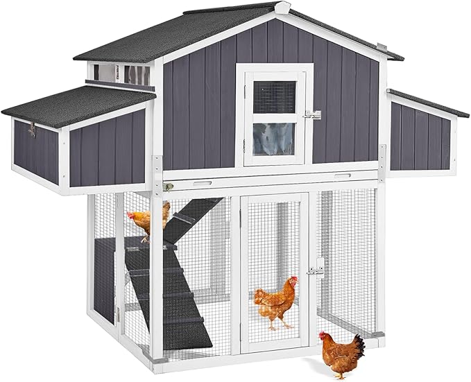 Large Chicken Coop, Wooden Chicken Coops with Nesting Boxes and Removable Tray, Waterproof Hen House with Asphalt Roof, Poultry Cage for Outdoor Backyard, Unique Folding Design (Black)