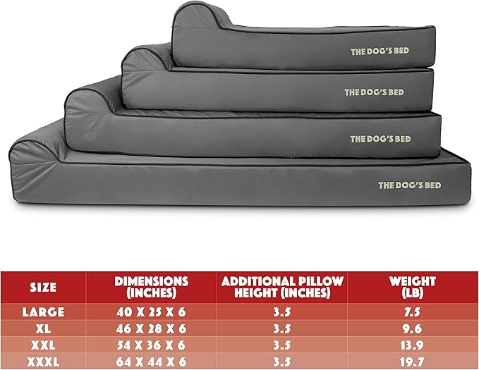 The Dog’s Bed Orthopedic Memory Foam Dog Bed with Headrest, Calming Surface – CertiPUR-Certified Foam, Oxford Fabric, Grey with Black Trim, XL, 6-Inch