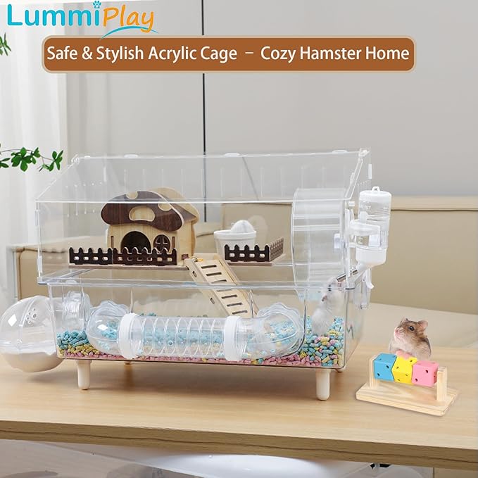 9 in 1 Acrylic Hamster Cage with all accessories and an activity tube,2-layer Hamster House,transparent viewing,top open Mouse Cage for pet mice,Hamster Habitat for Dwarf Hamster,Gerbils;18"x11"x13.4"
