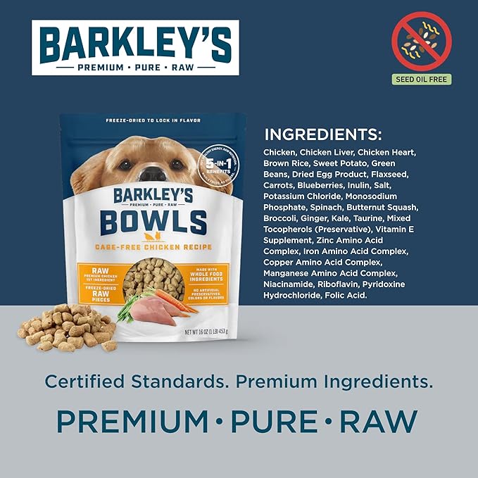 Barkley’s Bowls, Freeze-Dried Raw Chicken Dog Food, Fresh Whole Food Ingredients with Cage-Free Chicken, Grain Free, High Protein for Balanced Nutrition, Dog Treats or Topper, 16 Oz Bag