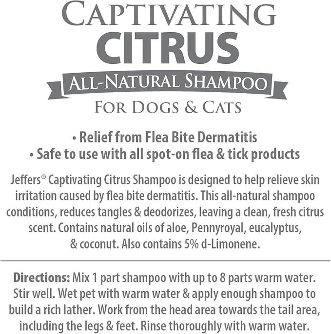 Jeffers Pet Captivating Citrus Shampoo, 17 oz – Soap Free Grooming for Dogs, Cats & Puppies – Orange & Lime Scent, Aloe & Coconut Oil – Safe for All Coat Types – Easy Rinse Formula for Home