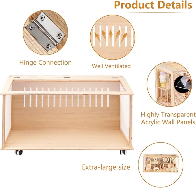 Wooden Hamster Cage, 32"x16" Large Hamster Hideout Openable Top with Acrylic Sheets Built, Suit for Sugar Glider, Gerbil, Big Guinea, No Decoration