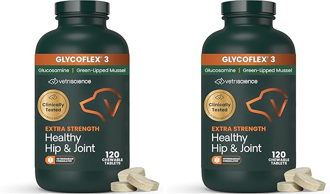 VetriScience Extra Strength Healthy Hip & Joint Chewable Tablets,GlycoFlex Glucosamine and Green-Lipped Mussel JointSupport Supplement for Dogs,Soothe-JointDiscomfort,Chicken,120 Count (Pack of 2)