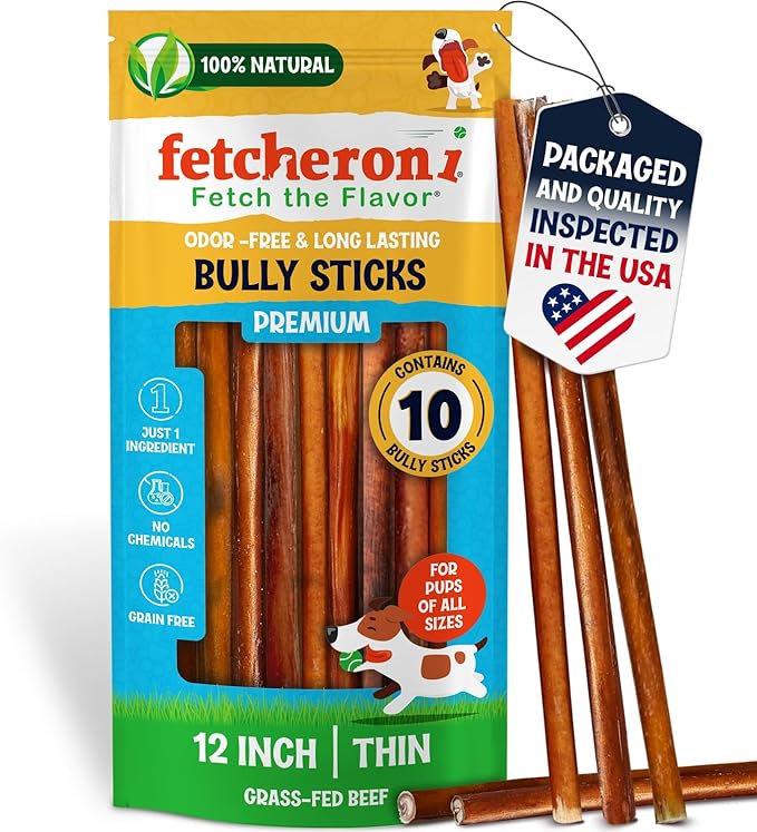 Odor-Free Thin Bully Sticks (12 Inch, 10 Pack), 9 Ounce Bag, Fully Digestible 100% Beef Pizzle Chews, Grass-Fed, Non-GMO, Grain-Free, Natural Long-Lasting Chews for Small & Large Dogs