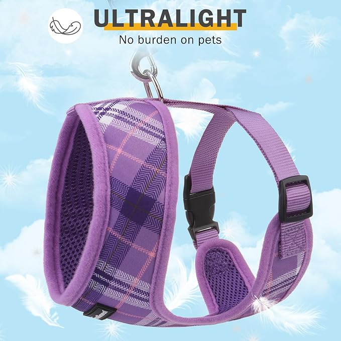 SCENEREAL No Pull Dog Harness Collar and Leash Set Small Medium Sized Dog, Soft Mesh Puppy Harnesses, No Chock Plaid Adjustable Pet Vest for Outdoor Walking Training and Running, Purple XS