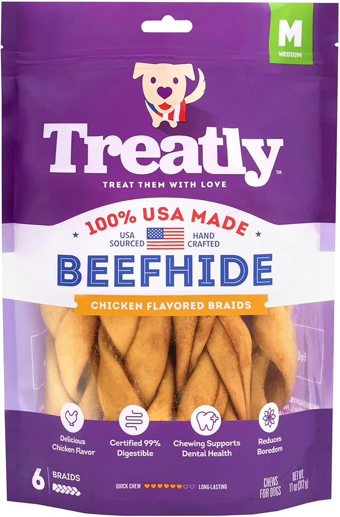 USA Beefhide Braids 7-8" Dog Chew Treats - Chicken Flavor, 6 Count/1 Pack