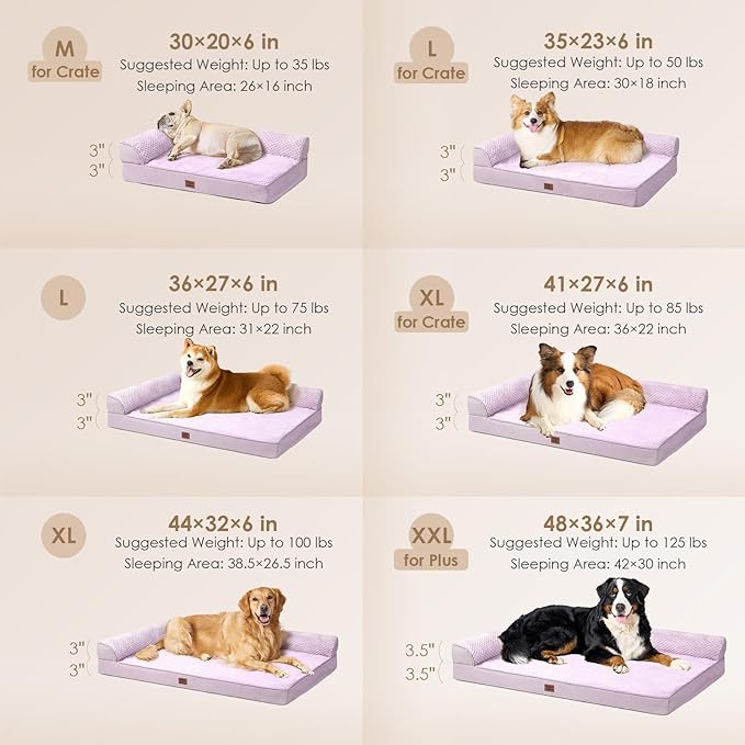 EHEYCIGA Large Dog Bed Memory Foam for Crate, Orthopedic Dog Bed Large Size Dogs with Washable Removable Cover, Waterproof Pet Sofa Couch with Nonskid Bottom, 35x22x6, Lilac