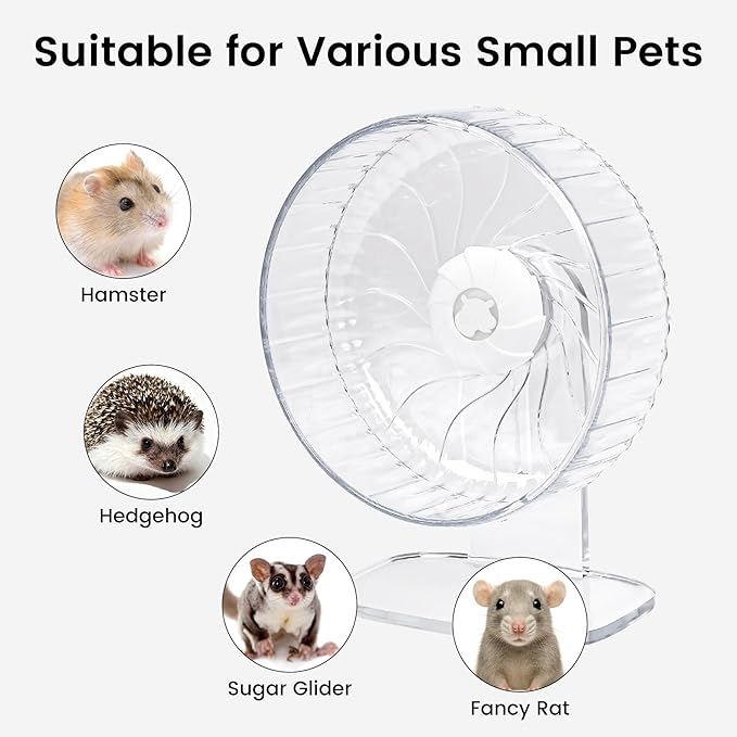 Silent Hamster Wheel, 10in Hamster Wheel with Adjustable Stand, Double-Bearing Quiet Spinner for Syrian Hamsters, Hedgehogs, Mice & Small Pets, Clear