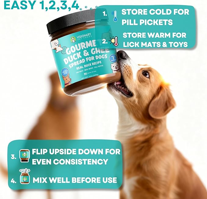 Visionary Pet Foods Duck Meat Spread - Healthy Dog Treat - Alternative to Dog Peanut Butter, Xylitol Free, No Sugar and Filler Free - Use on Lick Mat, Food Mixer, Pill Pockets - 12oz Jar