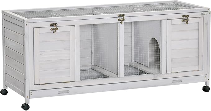 PawHut Wooden Rabbit Hutch, Bunny Cage with Wheels, Dividers, Openable Roof, Removable Trays, Small Animal Cages for 1-2 Rabbits, Indoor Outdoor Use, Light Gray