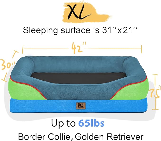 Chez Paw Extra Large Dog Bed Orthopedic - XL Orthopedic Dog Beds Waterproof Pet Couch Memory Foam Sofa Bolster with Removable Cover - 42 x 30