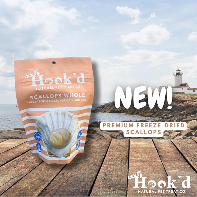 Totally Hook'd Freeze‑Dried Single‑Ingredient Treats, High‑Protein Omega-3 Training Snack for Dogs & Cats (1 Ounce, Scallops)
