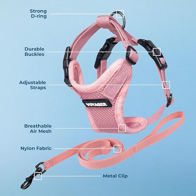 Voyager Escape-Proof Step-in Lock Cat Harness & 5ft Neoprene-Handle Leash Set All-Weather Mesh with Reflective Stitching for Small to Large Cats by Best Pet Supplies, Pink, XXXS