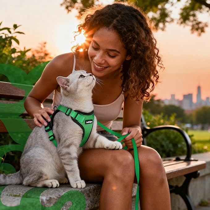 rabbitgoo Cat Harness and Leash for Walking, Escape Proof Soft Adjustable Vest Harnesses for Cats, Easy Control Breathable Reflective Strips Jacket, Grass Green,M