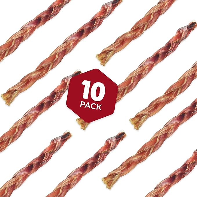 Best Bully Sticks Natural XL Braided Bully Sticks for Large Dogs - 12 Inch, 10 Count (Pack of 1) - 100% Free-Range Grass-Fed Beef, Single-Ingredient, Grain and Rawhide Free Long Lasting Dog Chews