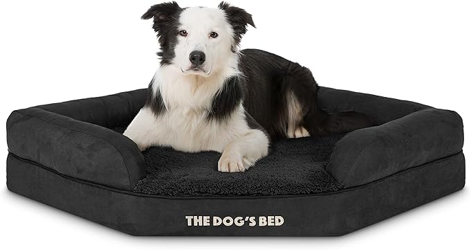 The Dog’s Bed Orthopedic Memory Foam Corner Dog Bed, Calming Surface – CertiPUR-Certified Foam, Plush Fabric, Black Plush, Large