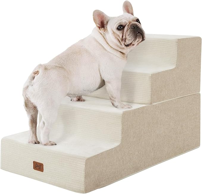 ABCPET Dog Stairs for High Bed, Dog Steps for Bed Couch Sofa, 35D Foam Extra Wide Pet Steps for Small Dogs and Cats, Pet Stairs with Non-Slip Bottom Beige, 4 Steps