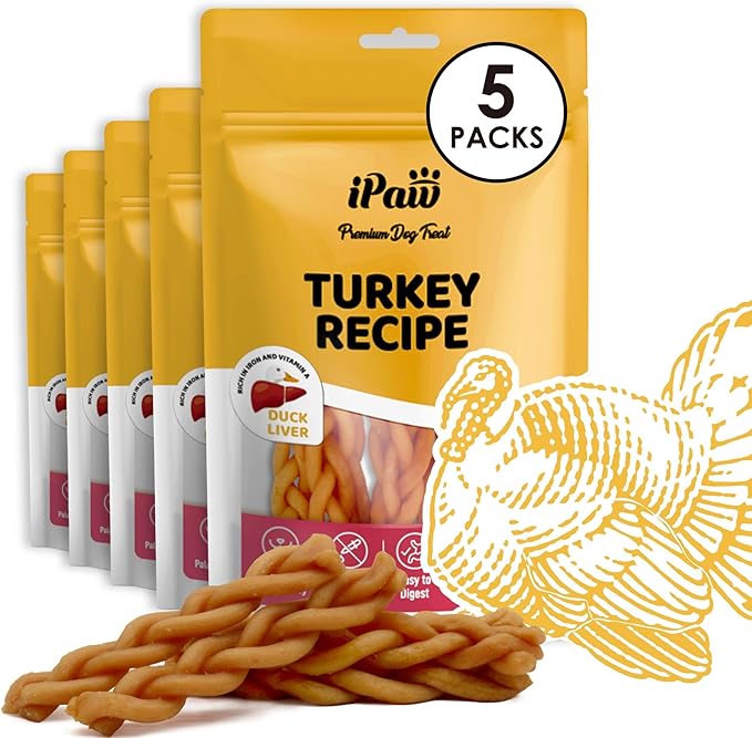 iPaw 5 Stock-Up Combo Turkey Dog Treats, All Natural Human Grade Dog Treat, Suitable for Training chew, Hypoallergenic, Rawhide Alternative, Braided Stick (Duck Liver)