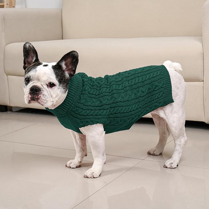 2 Pack Dog Sweaters for Medium Dogs Winter Turtleneck Pullover Cable Knit Fleece Stretch Frenchie Dachshund Pug Corgi Beagle Boy Girl Pet Clothes (M, Green & Brown)