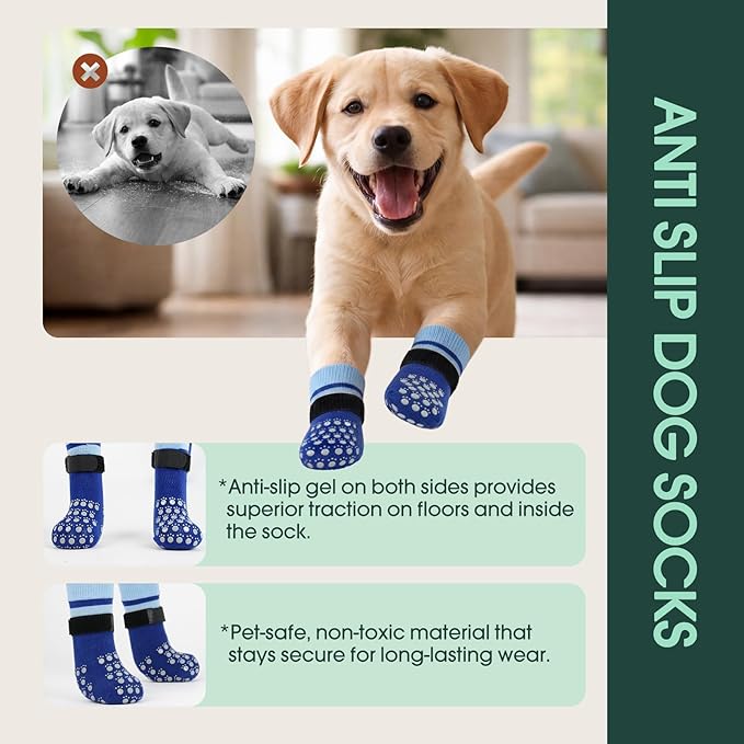 Kuoser Dog Socks, Non-Slip Dog Grip Sock for Hardwood Floors, No Twist Dog Boots & Paw Protectors 4 Pcs Anti-Scratch Hot Pavement Winter Snow Socks for Small Medium Large Senior Dogs, Blue XS