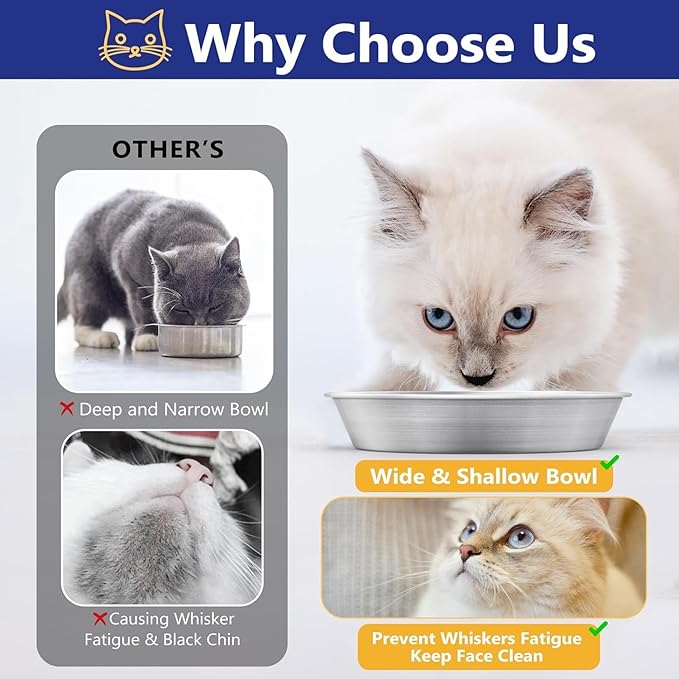 4-Pack Stainless Steel Cat Food Bowls, Shallow Whisker-Friendly Non-Slip Silicone Base Metal Dishes, Easy to Clean Indoor Water Flat Plates for Cat, Kitten, Small Dog (5.9")
