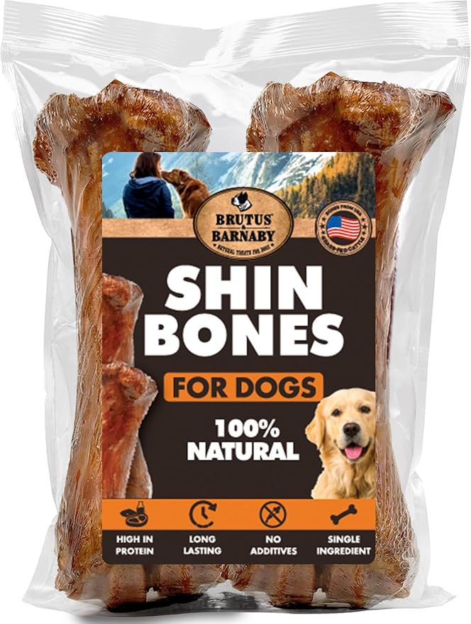 BRUTUS & BARNABY Shin Bones for Dogs – 100% USA-Sourced Beef Bones – Long-Lasting Chew for Large Breeds and Aggressive Chewers – Natural, High Protein, Dental Health Support, (3-pk) – Made in The USA