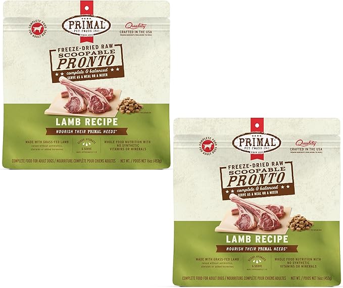 Primal Freeze Dried Dog Food, Pronto Mini Nuggets, Lamb; Scoop & Serve, Complete & Balanced Meal; Also Use as Topper or Treat; Premium, Healthy, Grain Free, High Protein Raw Dog Food 16 oz (Pack of 2)