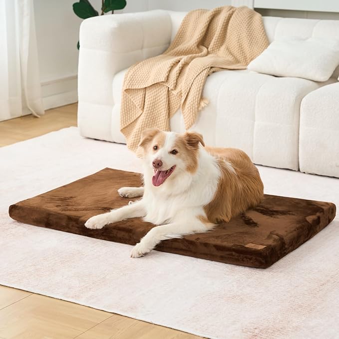 LIORCE Dog Crate Pad - Dog Bed Large Sized Dogs with Removable Washable Cover and Waterproof Lining - XL Memory Foam Pet Bed for Crate - Reversible Kennel Mat (Cool & Warm), 42-inch, Brown