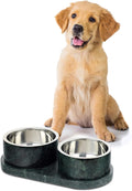 DBL1000A Marbre Small/Medium Modern Weighted Double Marble and Stainless Steel Bowl 12oz (1.5 Cups) Feeder with Non-Slip Marble Tray Set, Green