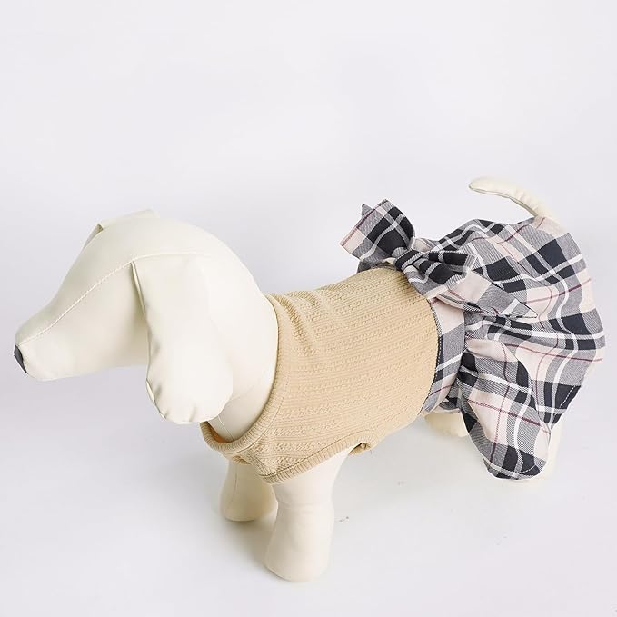 PUPTECK Classic Plaid Dog Dress Pet Apparel with Cute Bowtie Puppy Clothes Outfit,Cream,S