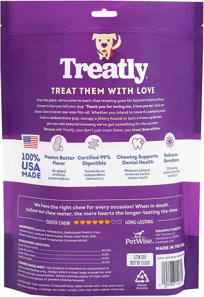 USA Beefhide Chip Rolls 5-6" Dog Chew Treats - Peanut Butter Flavor, 20 Count/2 Pack