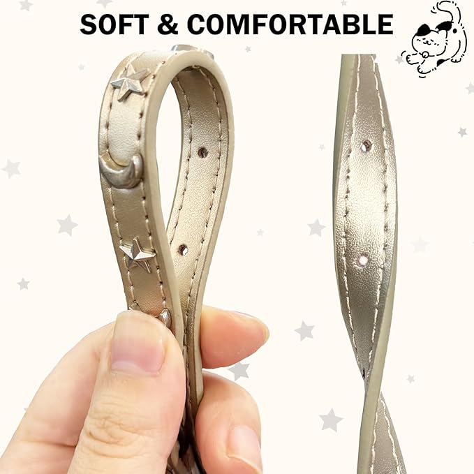 Leather Cat Collars for Boy Girl Cats with Bell and Safety Elastic Belt, Personalized Star and Moon Stud Adjustable Safe Buckle Collar for Kitty Small Big Cats Size 8-12 Inch, Gold