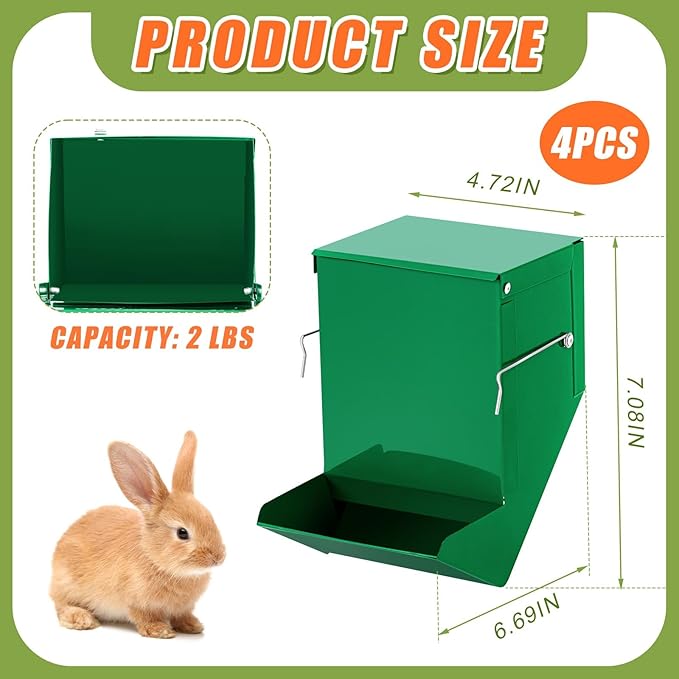 Maxcheck 2 Pcs Rabbit Feeder for Cages Small Animal Food Pellet Dispenser with Lid Metal Chicken Grit Oyster Shell Squirrel Feeders Outside(4.7 Inches,Solid Bottom,Green)