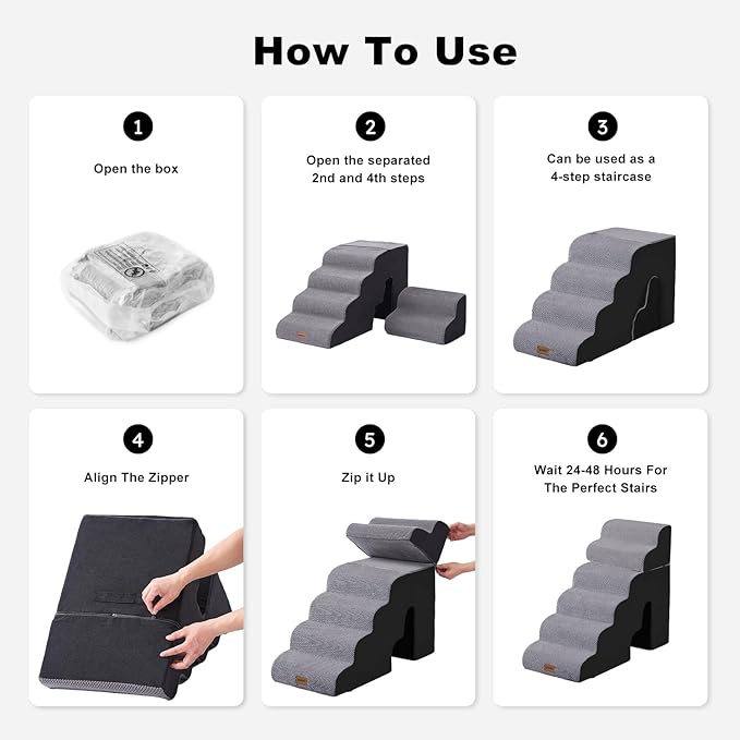 ZOMISIA Dog Ramp for High Beds - 29" H 6 Steps Pet Stairs for Large Dogs with Tunnel 2 in 1 with Zippers Suitable, Indoor Cat Ladders with Non-Slip Bottom, Black