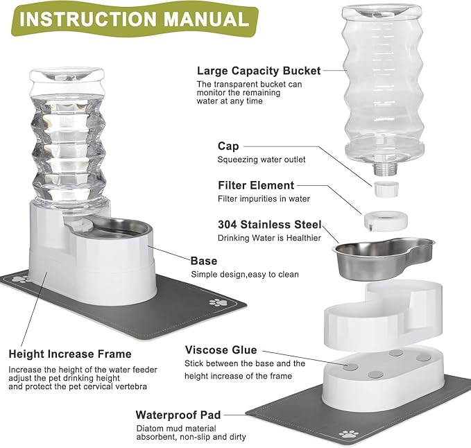 RIZZARI 9L Water Dispenser for Dogs: Ion Exchange System with Activated Carbon - Helps Prevent Urinary Stones - Supports Spinal Health in Senior Dogs - Automatic Stainless Steel Pet Feeder for Garage