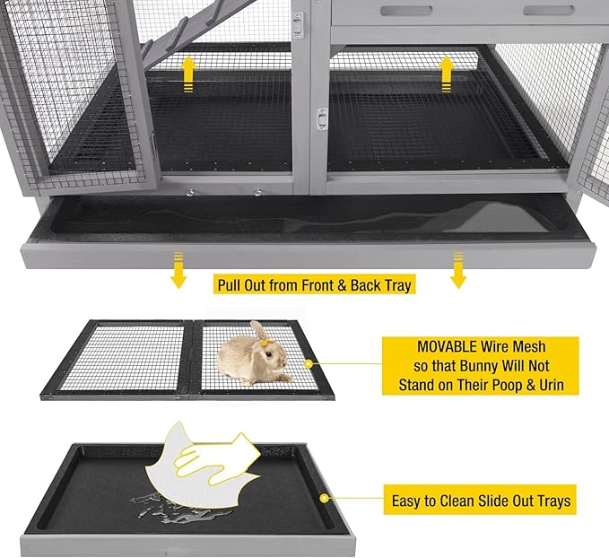 Aivituvin Rabbit Hutch Bunny Cage Indoor and Outdoor, Two Story Guinea Pig Cage on Wheels with 2 Deeper No Leakage Trays (Grey with Movable Bottom Wire Mesh)