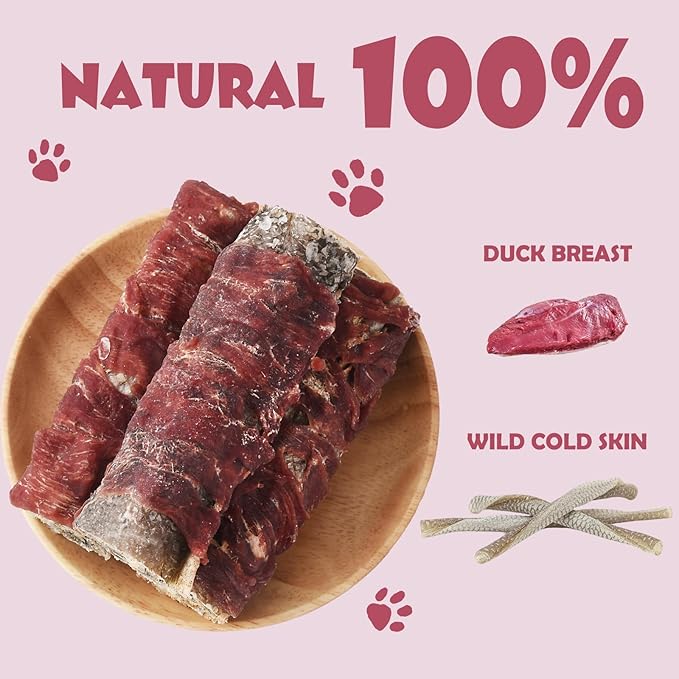 ASMPET Dog Cod Skin Treats, Duck Wrapped Cod Skin Sticks, Rawhide Free Dog Treats Chews Bones, Extra Large