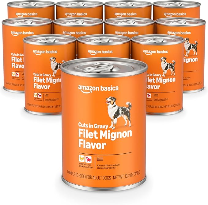 Amazon Basics Wet Dog Food, Cuts in Gravy Filet Mignon Flavor, Made with Real Chicken and Beef, 13.2 oz can (Pack of 12)