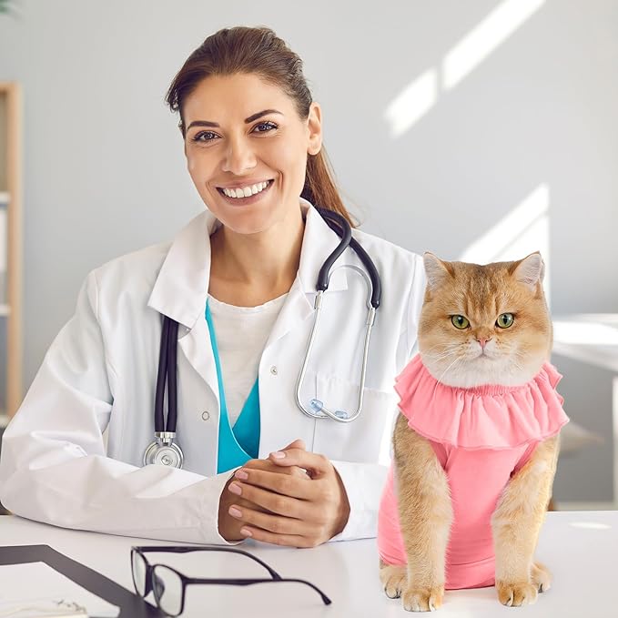 Avont Cat Recovery Suit - Kitten Onesie for Cats After Surgery, Cone of Shame Alternative Surgical Spay Suit with Ruffles for Female Cat, Post-Surgery or Skin Diseases Protection -Pink (L)